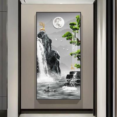 流水生财玄关装饰画山水迎客松入户走廊过道壁画客厅竖版墙上挂画