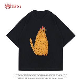 T恤女新款 DFCI可爱豹纹小猫印花休闲短袖 独特宽松圆领纯棉上衣