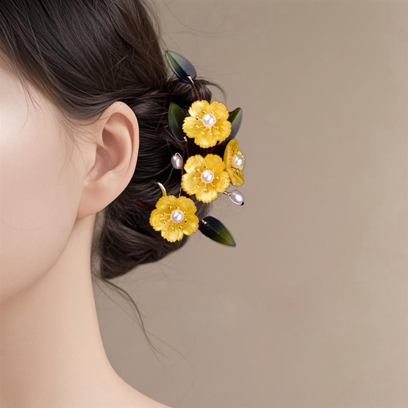 超仙黄色花朵发梳倒插梳小发钗簪子U型盘发古装旗袍汉服后压头饰