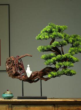 天然实木树根迎客松茶室书房玄关桌摆件中式酒店枯木逢春餐厅装饰