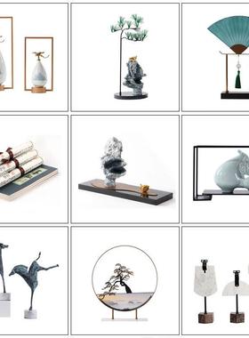 新中式复古典茶室装饰品禅意家居客厅创意酒柜假山扇子太湖石摆件