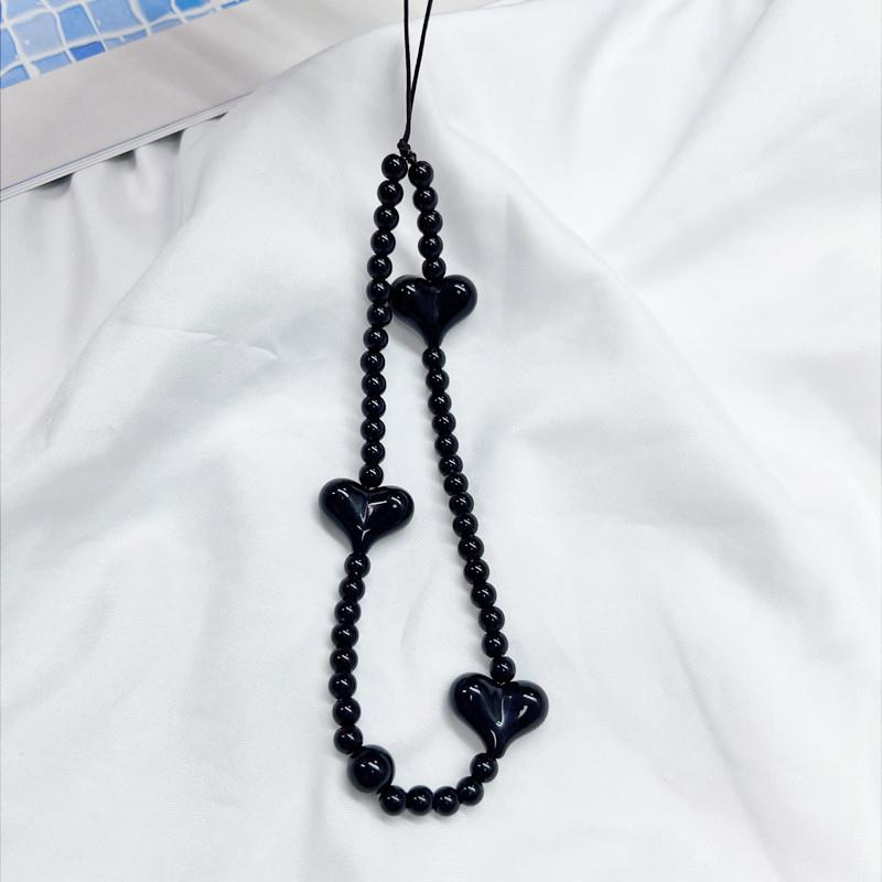 ins超火手机挂绳女士超好看手机挂绳小风扇挂绳 黑色爱心挂绳 短款女创意黑色桃心串珠手机链