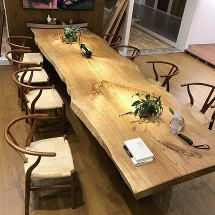 大板会议桌长条桌实木办公桌原木自然边泡茶桌茶台民宿木头餐桌椅