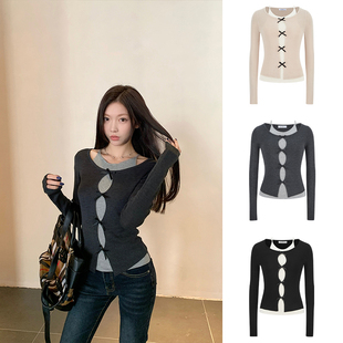 MosesQueen魔西女王假两件长袖 女春秋设计感蝴蝶结显瘦上衣 针织衫