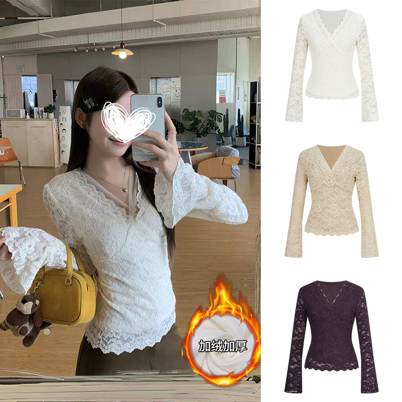 MosesQueen魔西女王白色蕾丝打底衫女内搭加绒加厚喇叭袖v领上衣,女装/女士精品,蕾丝衫/雪纺衫,淘宝优惠券,粉丝福利购,淘宝优惠卷