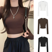 长袖 女春秋冬内搭修身 t恤上衣 打底衫 MosesQueen魔西女王咖色短款