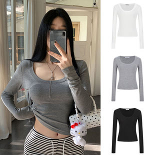 MosesQueen魔西女王方领长袖 显瘦内搭打底上衣 t恤女春秋掐腰修身