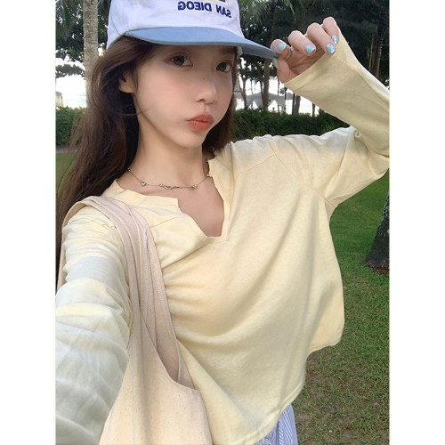v领长袖t恤薄款宽松显瘦短款上衣
