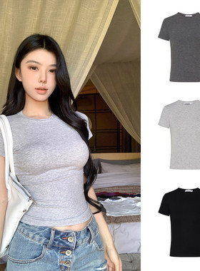 MosesQueen魔西女王灰色正肩短袖t恤女夏季修身显瘦百搭圆领上衣