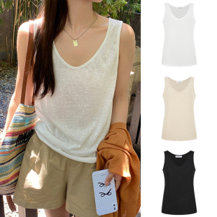 MosesQueen魔西女王米白色棉麻吊带背心夏季 外穿宽松内搭v领上衣