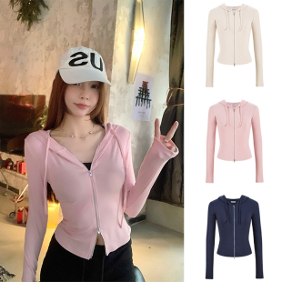 长袖 显瘦短款 上衣 外套修身 MosesQueen魔西女王粉色双拉链连帽开衫