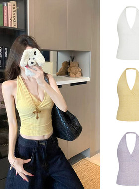 MosesQueen魔西女王黄色针织挂脖吊带背心女外穿辣妹修身v领上衣
