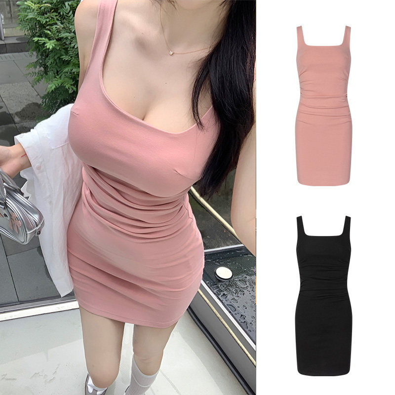 MosesQueen魔西女王粉色方领吊带连衣裙夏季修身褶皱辣妹包臀短裙