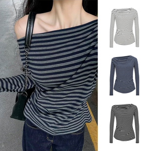 MosesQueen魔西女王一字肩条纹长袖 斜肩上衣 t恤女春秋内搭打底衫