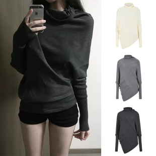 MosesQueen魔西女王不规则高领毛衣女秋冬收腰显瘦蝙蝠袖 针织上衣