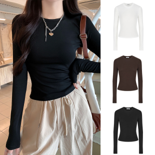 MosesQueen魔西女王黑色打底衫 t恤上衣 女春秋冬内搭掐腰显瘦长袖