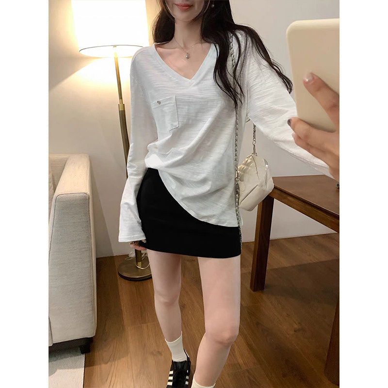 MosesQueen魔西女王白色v领长袖t恤薄款内搭打底宽松休闲纯棉上衣