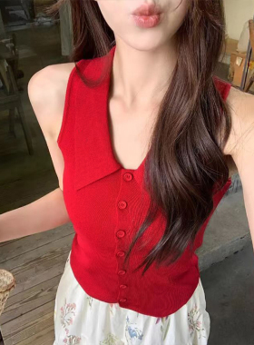 MosesQueen魔西女王红色翻领针织背心外穿修身显瘦polo领无袖上衣