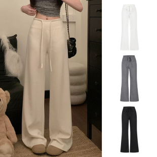 MosesQueen魔西女王米白色微喇运动卫裤 女春秋高腰垂感拖地阔腿裤