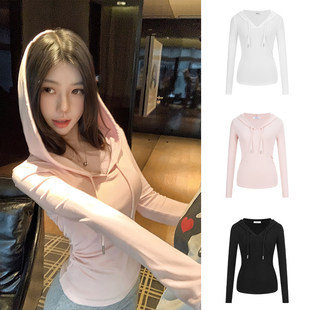 MosesQueen魔西女王粉色连帽v领长袖 上衣 t恤女收腰显瘦内搭打底衫