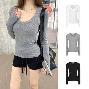 MosesQueen魔西女王灰色内搭打底衫 t恤上衣 女春秋冬u领露锁骨长袖