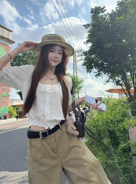 MosesQueen魔西女王白色莱赛尔短袖衬衫泡泡袖小衫一字肩短款上衣