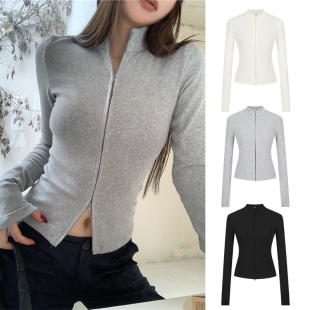 MosesQueen魔西女王双拉链立领针织开衫 女春秋掐腰显瘦外套上衣服