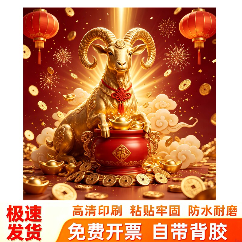 新春金羊墙贴聚宝盆铜钱元宝红灯笼烟花祥云喜庆氛围防水装饰贴纸