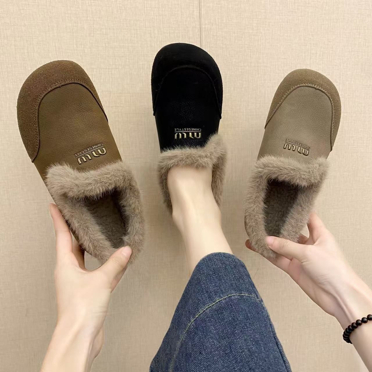 新款毛毛鞋加绒豆豆鞋防滑棉鞋女