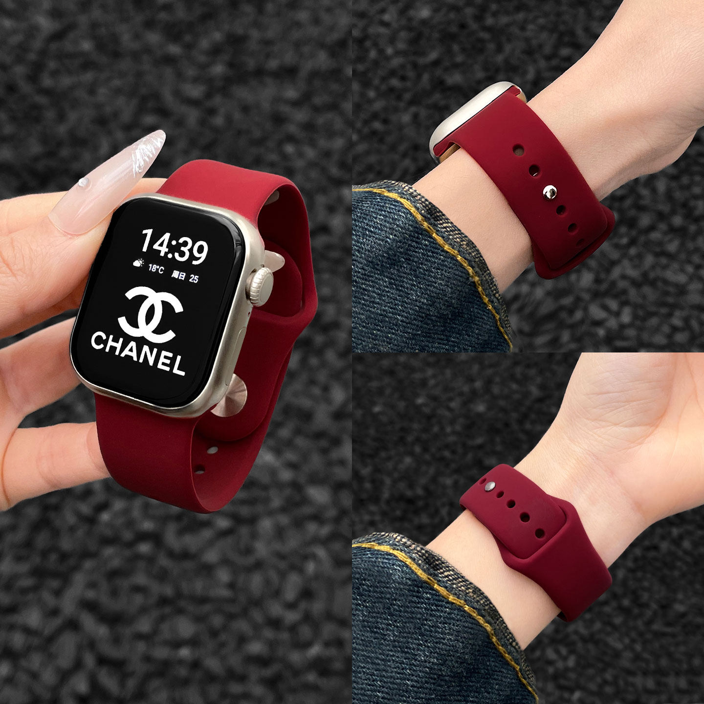 适用iwatch手表带硅胶酒红色夏天图片