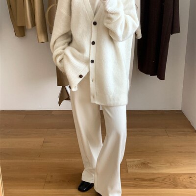 TG 百搭慵e懒风单排扣中长款宽松V领毛衣厚开衫2024冬季新款24085