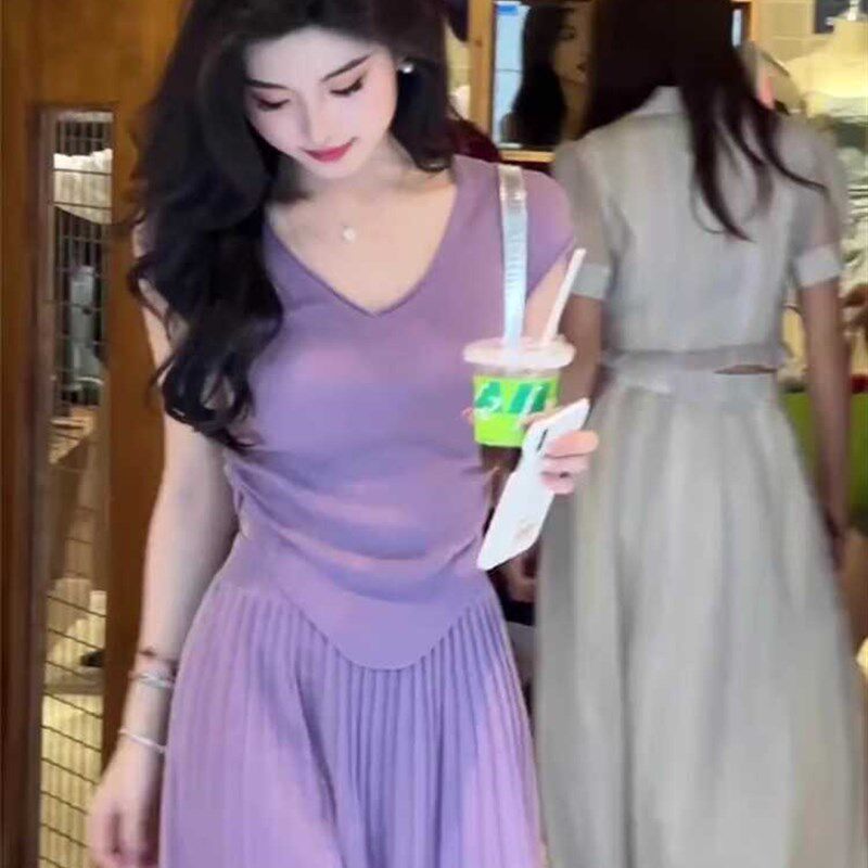 今年流行漂亮套装裙夏装搭配一整套韩系御姐气质女神范紫色二件套