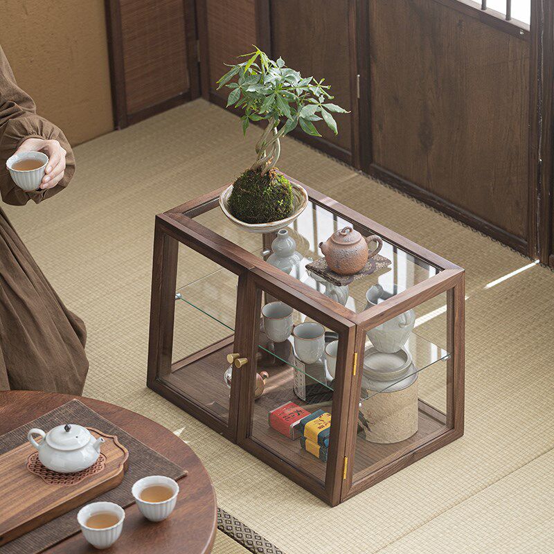 北美黑胡b桃木糕点零食防尘玻璃收纳柜文玩茶具杯子摆件陈列展示