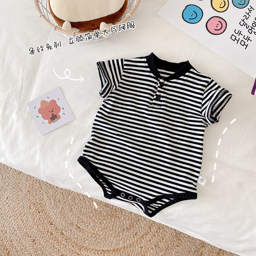 网红ins风0-1岁婴儿连体衣夏季爬服条J纹可爱洋气男宝宝三角哈衣
