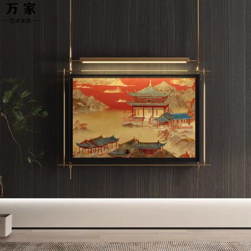 中式风金属杆发光壁画客厅沙发背景墙高级感壁饰壁V灯玄关茶室挂
