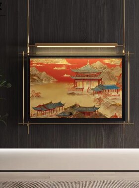 中式风金属杆发光壁画客厅沙发背景墙高级感壁饰壁V灯玄关茶室挂
