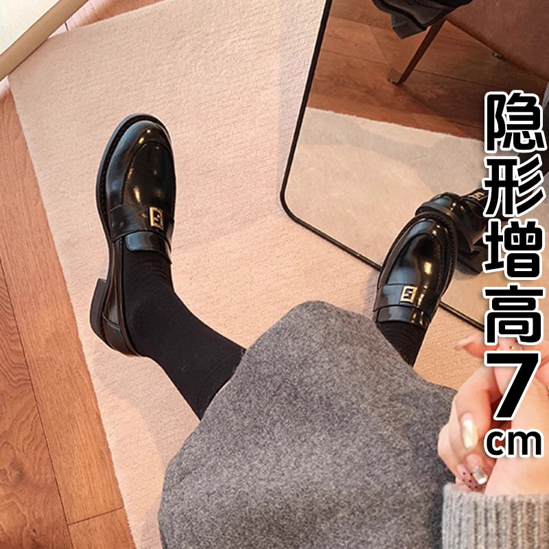 内增高小码厚底小j皮鞋子女2025春秋季新款英伦风粗跟一脚蹬乐福