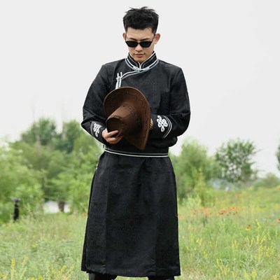 新款蒙古袍男士蒙古服日常生活装黑色酒红色蒙族演出表演服装长款
