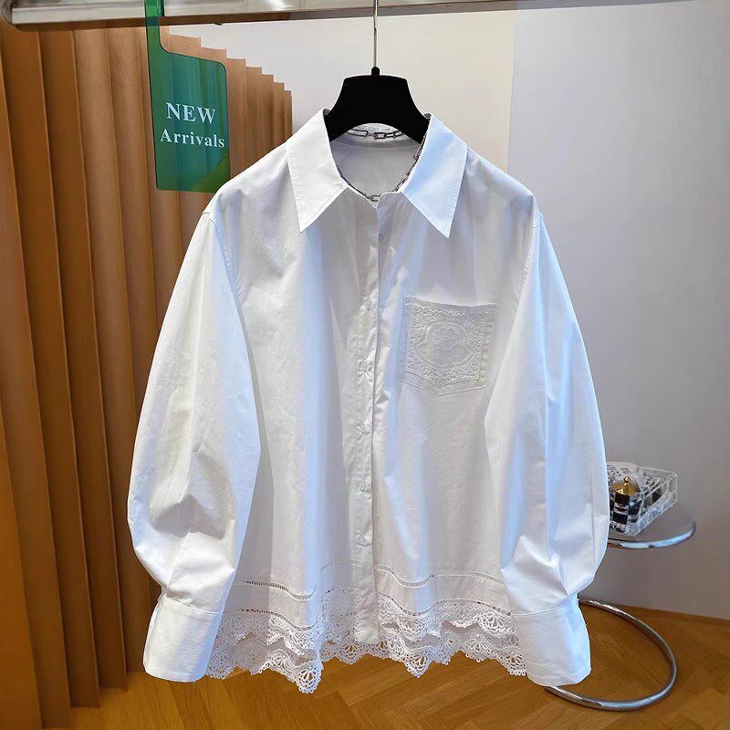 白色蕾丝拼接衬衫女20o25春季新款高级感单口袋Polo领宽松长袖衬