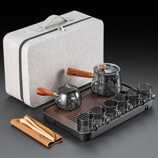 家用旅行功夫茶具侧把茶壶泡茶喝茶便携包式 耐热玻璃茶杯套装 加厚