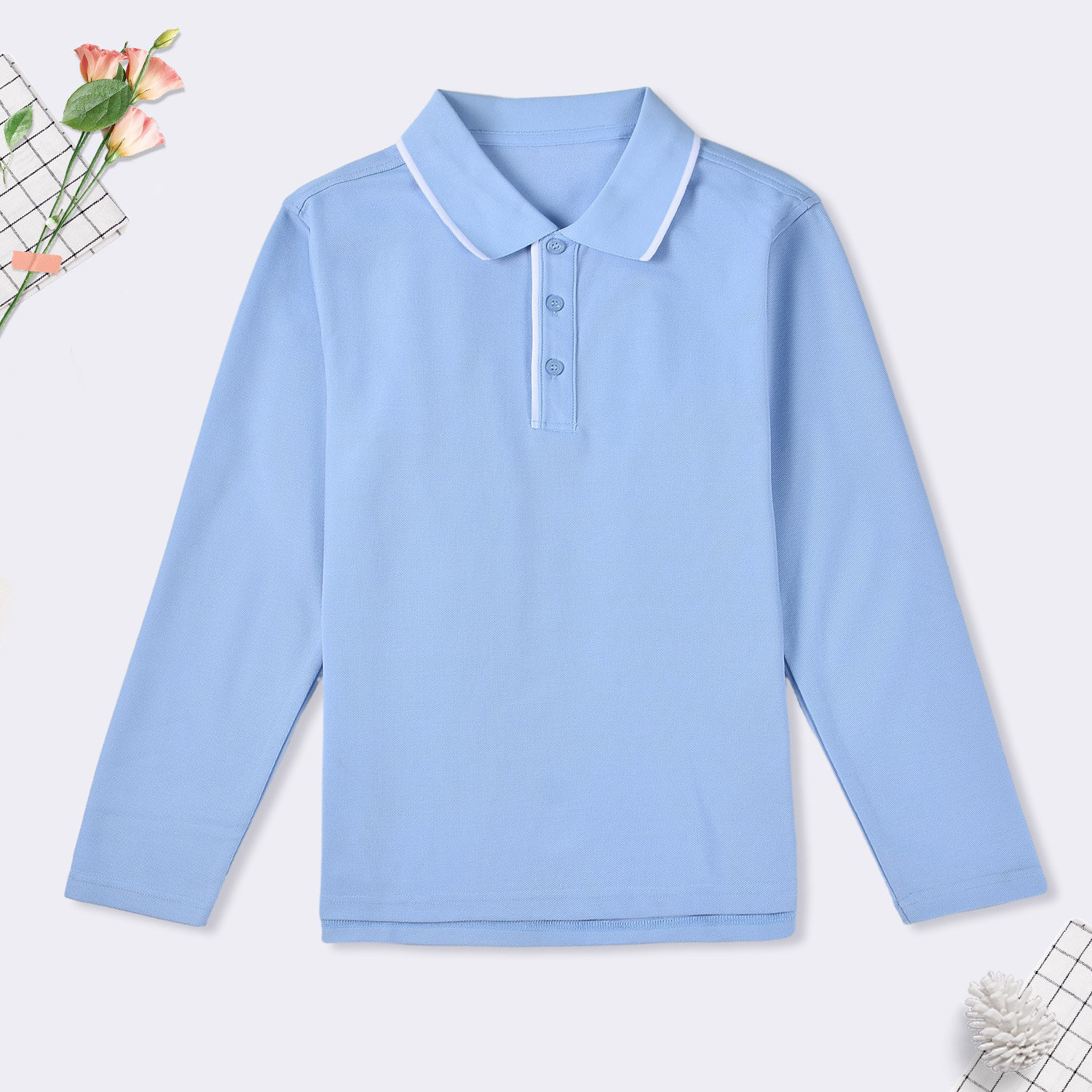儿童长袖polo衫白色女孩英伦风A大童T恤藏青男童浅蓝色t校服小学