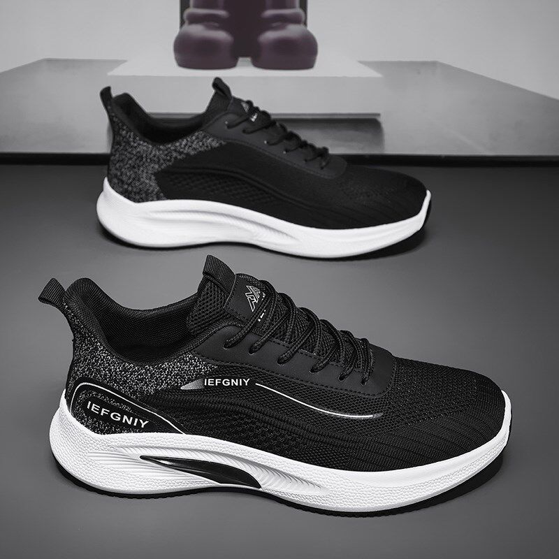 男鞋2025新款夏季飞织跑步老爹鞋黑色工作上班网面透气休闲运动鞋