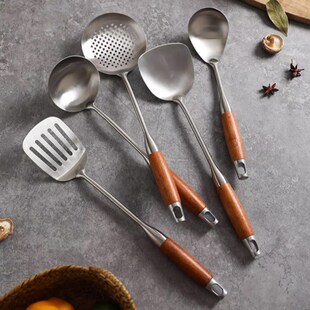 锅铲不锈钢家用套装铲勺煎铲菜铲汤勺加长木柄烙煎饼炒菜铲子炒勺