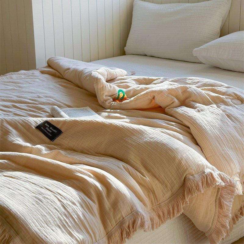 ins简约纯色全棉皱皱纱流苏春秋被单双人皱皱纱面料被午休薄被子,床上用品,化纤被,淘宝优惠券,粉丝福利购,淘宝优惠卷