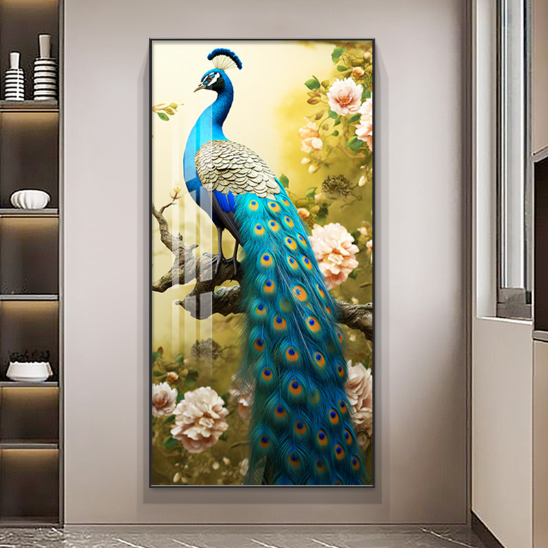 孔雀花开富贵吉祥入户玄关装饰画走廊过道客N厅壁画竖版正对门挂