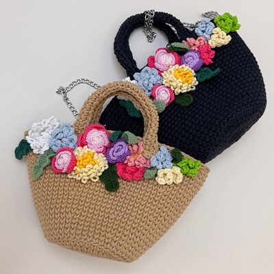 钩针春日花花小清新草编包女夏百搭手提菜篮子海边度假沙滩水桶包