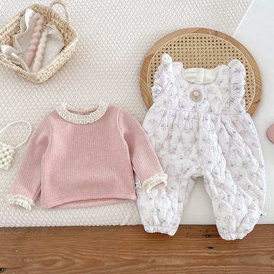 韩版秋冬新款女宝宝连体衣套装周岁小月龄打底背带裤加绒冬装爬服