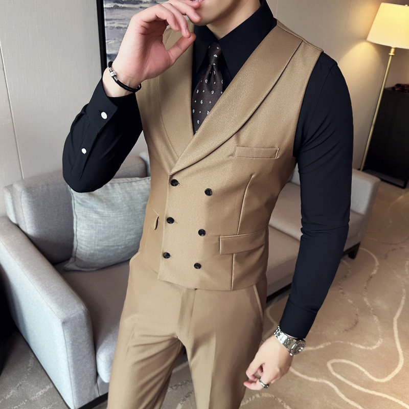 英伦商务双排扣马甲套装男士青果领设计感新郎伴郎服马甲裤两件套
