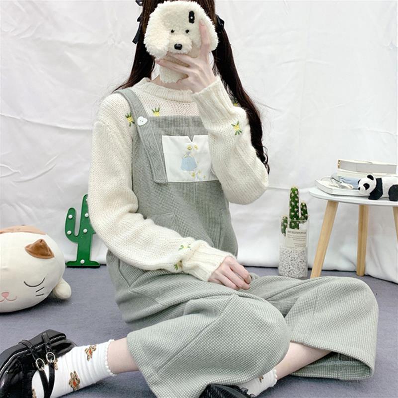 毛呢阔腿裤女2024秋冬新款韩版宽松小个子格子刺绣U洋气背带连体