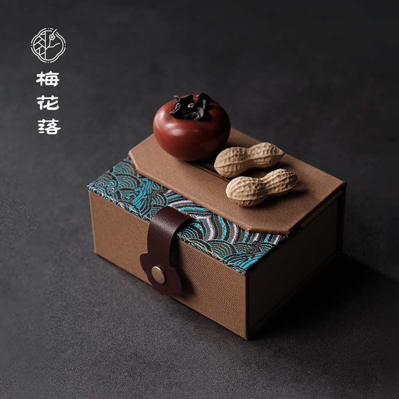 梅花落紫砂柿子i茶宠花生摆件好柿成双手工仿真可养陶瓷茶玩礼盒